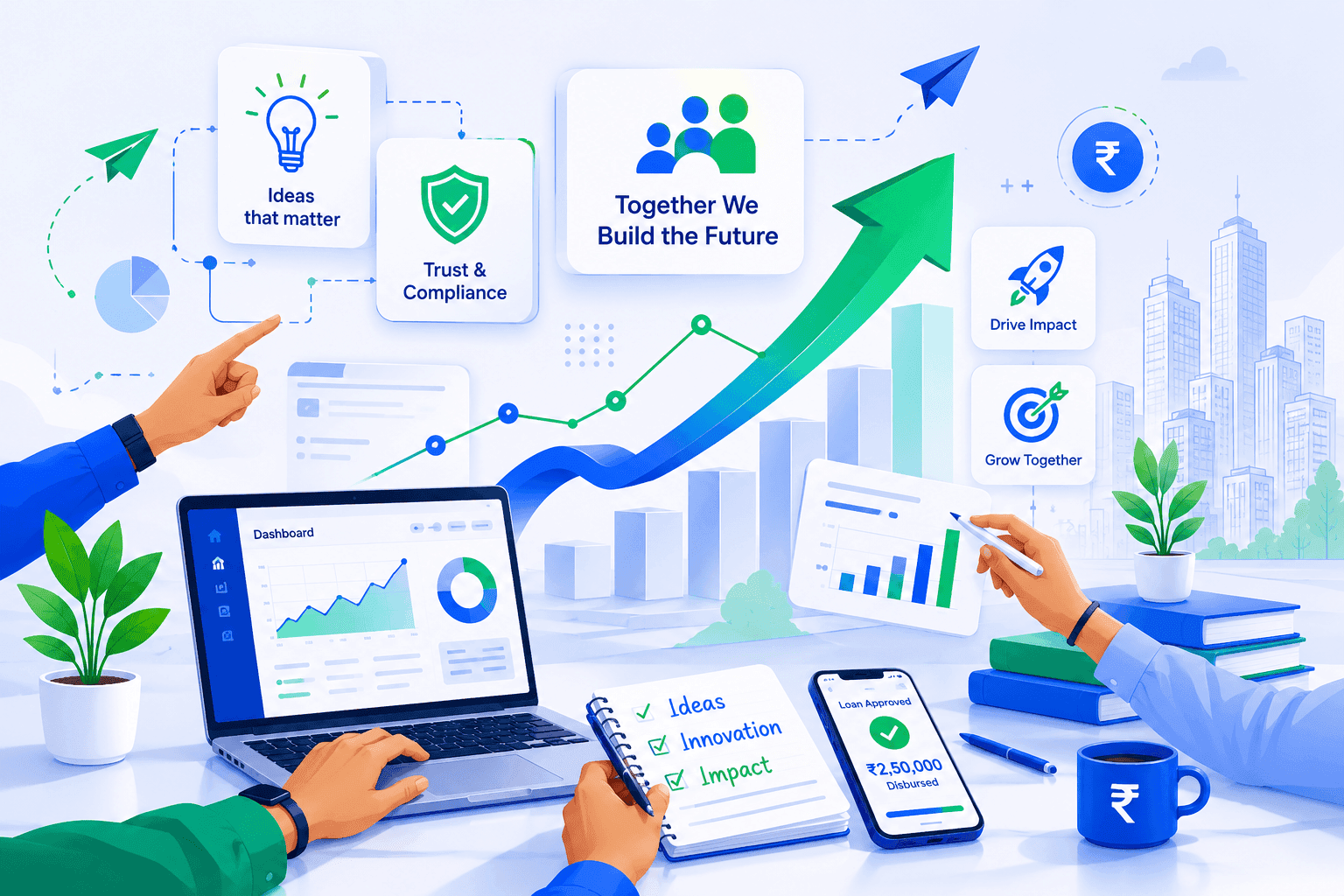 Collaborative fintech team workspace with growth charts, ideas board, and digital lending tools