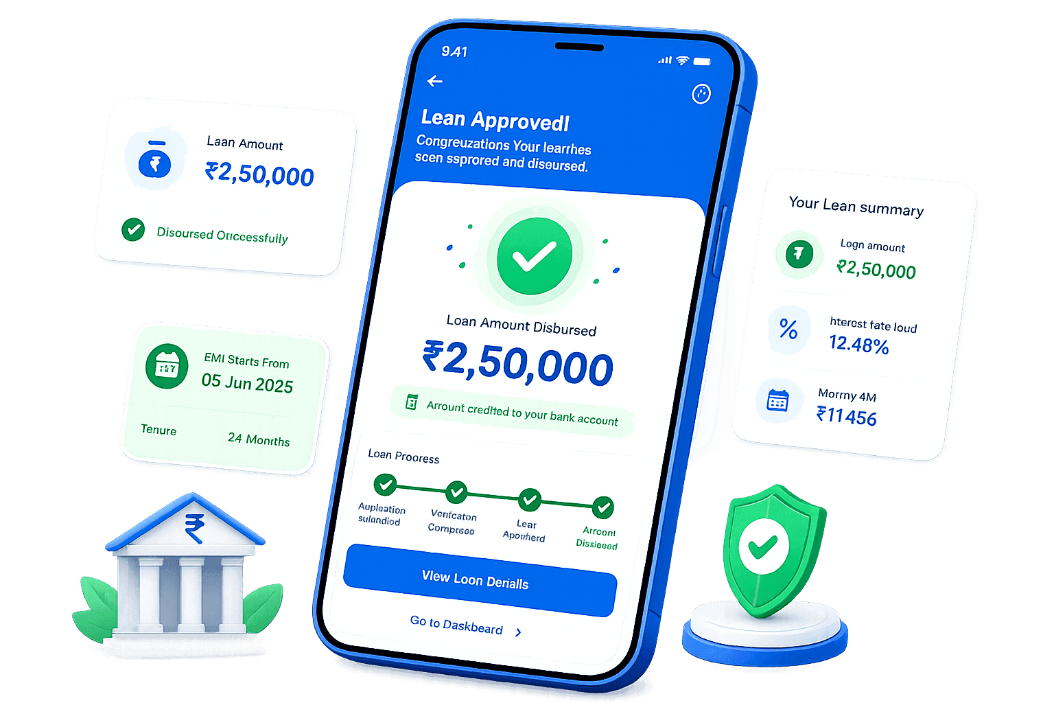 Bansal Credit app showing ₹2,50,000 loan disbursed with approval progress and stats