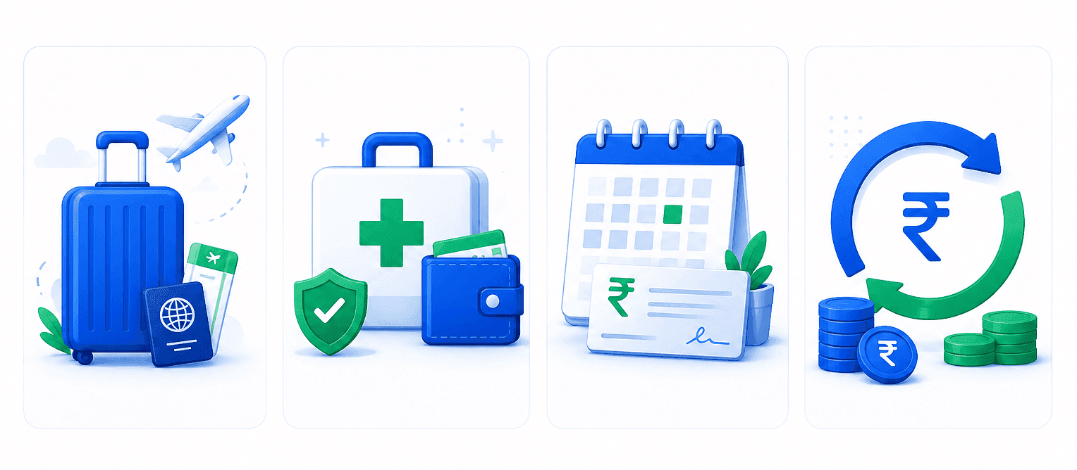 Loan product illustrations for travel, emergency, salary advance, and line of credit